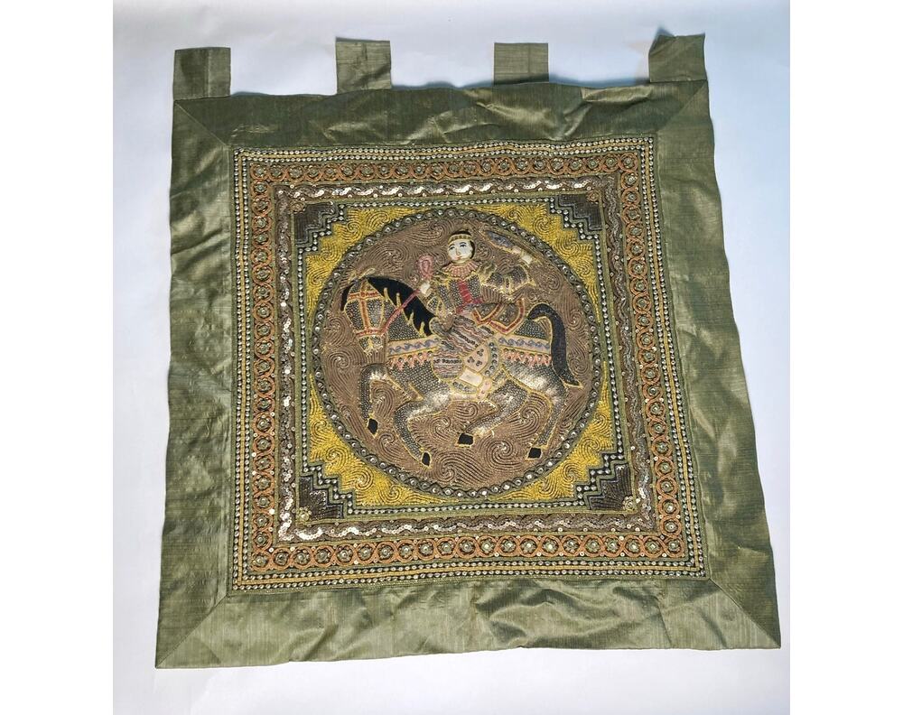 Vintage Burmese Kalaga Tapestry Wall Hanging Embroidered Warrior on Horse